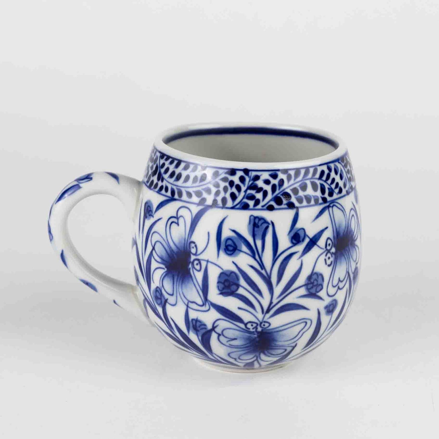 Mug bttrfly/flwr f/13 oz ceramic 4Dx4 blue/white