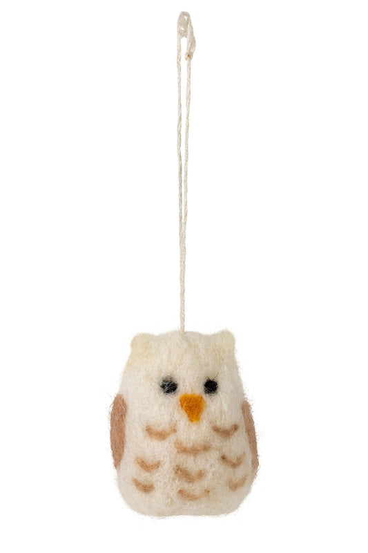 Ornament owl M/3 wool 2Hx1.5D white/tan