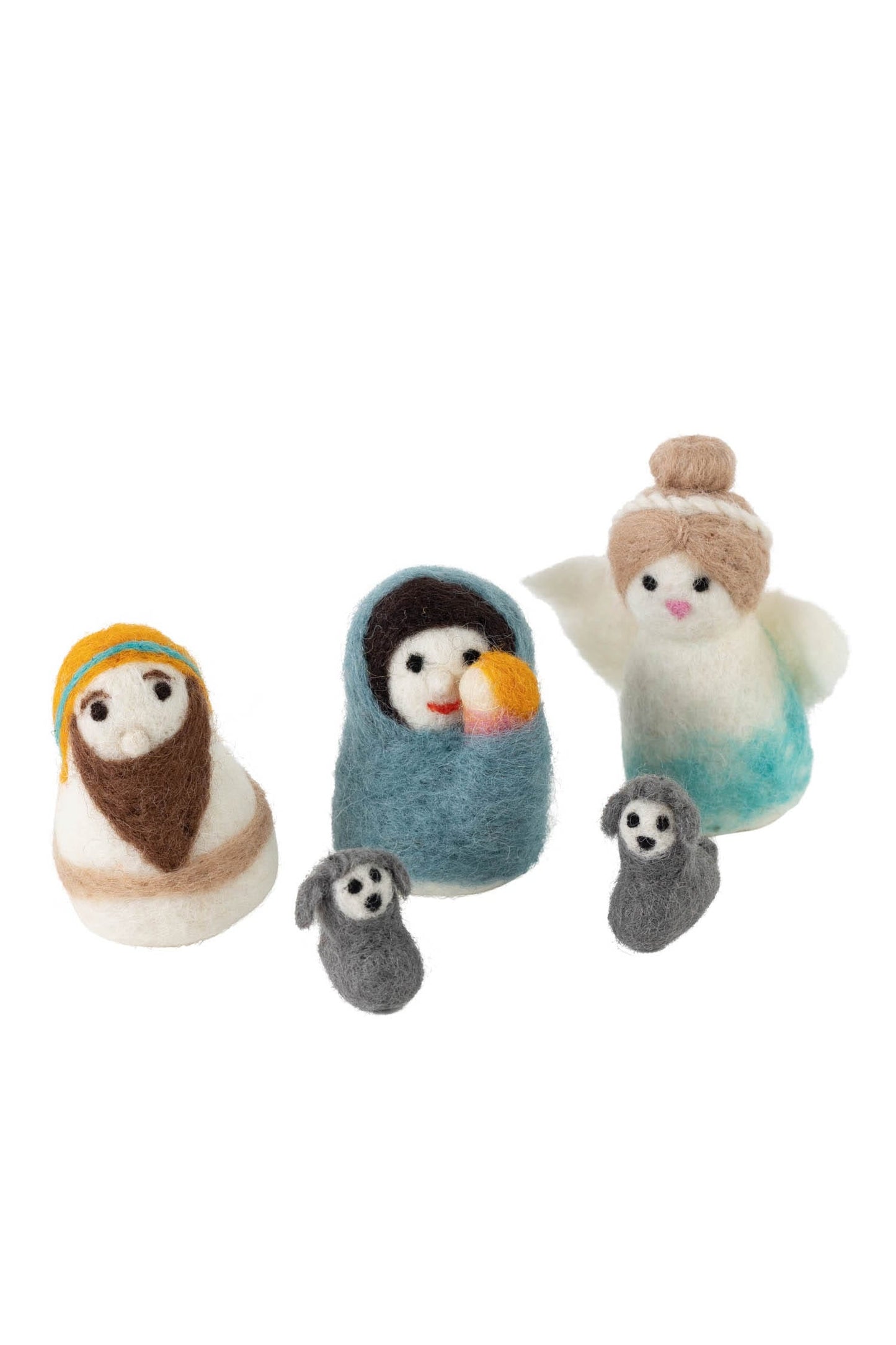 Nativity w/sheep S/5 felted wool 3H crm/blu/gray