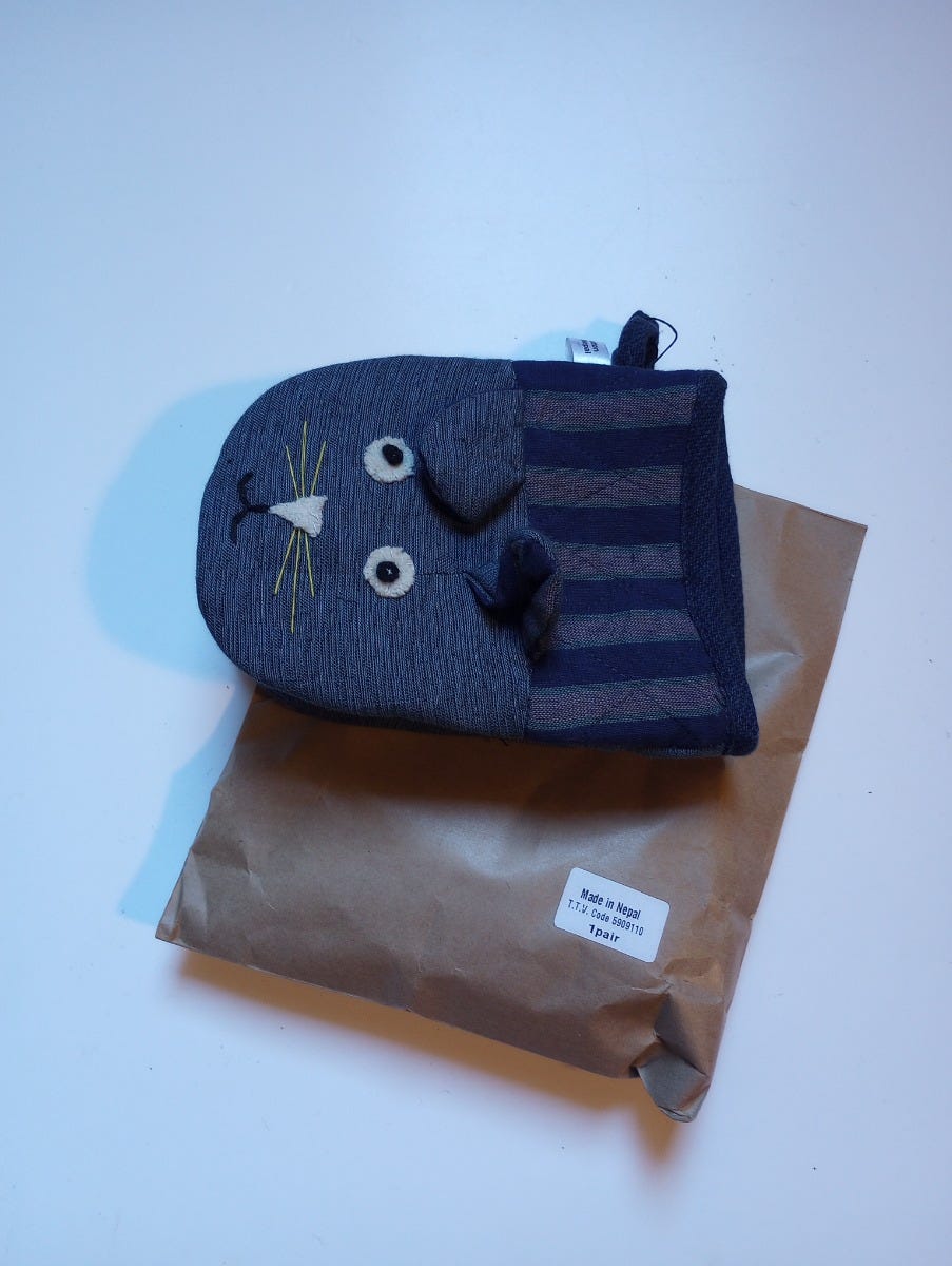 Mitts cats f/oven S/2 cotton 7Lx5.5W blue/asst