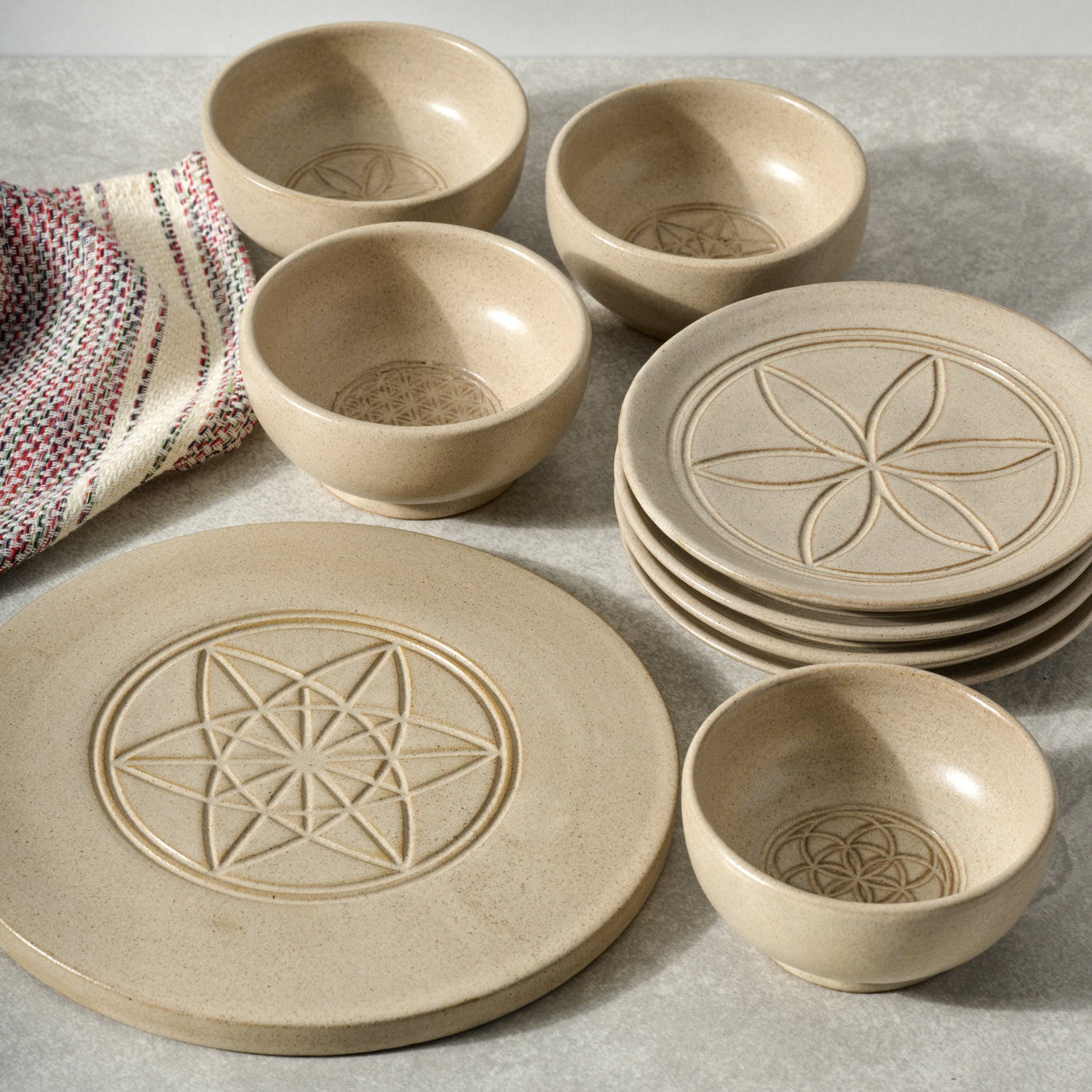 Plates appetizer set/4 sacred geo ceramic 5D tan
