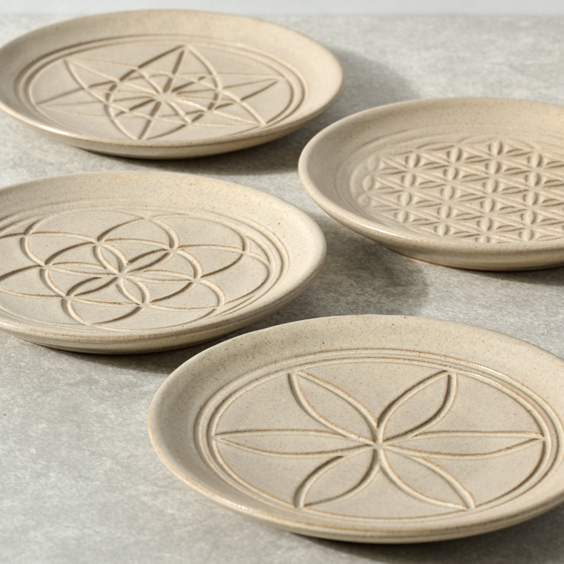 Plates appetizer set/4 sacred geo ceramic 5D tan