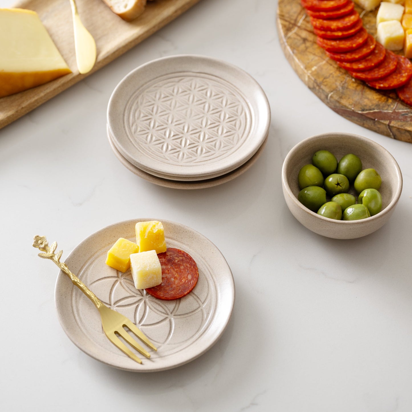 Plates appetizer set/4 sacred geo ceramic 5D tan