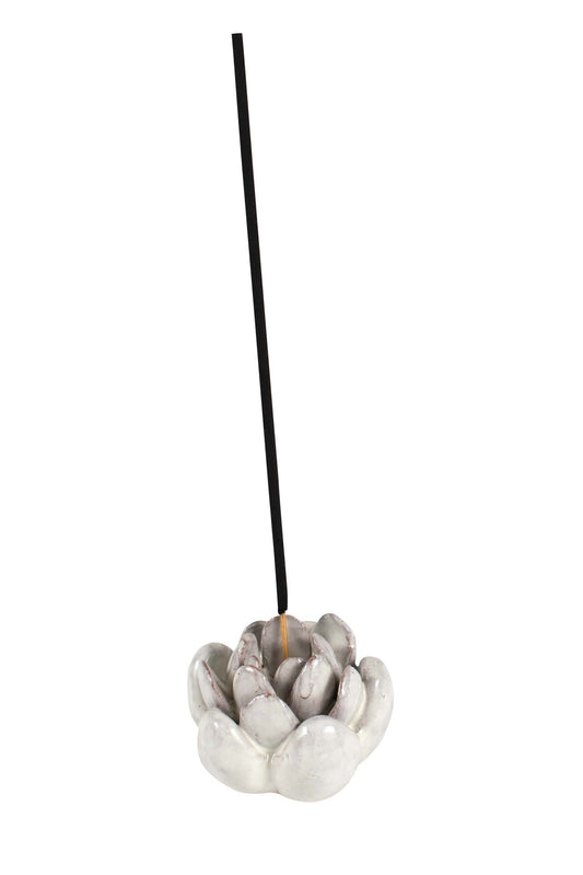 Incense holder lotus w/box cer 2.5D/4sq wht/blu