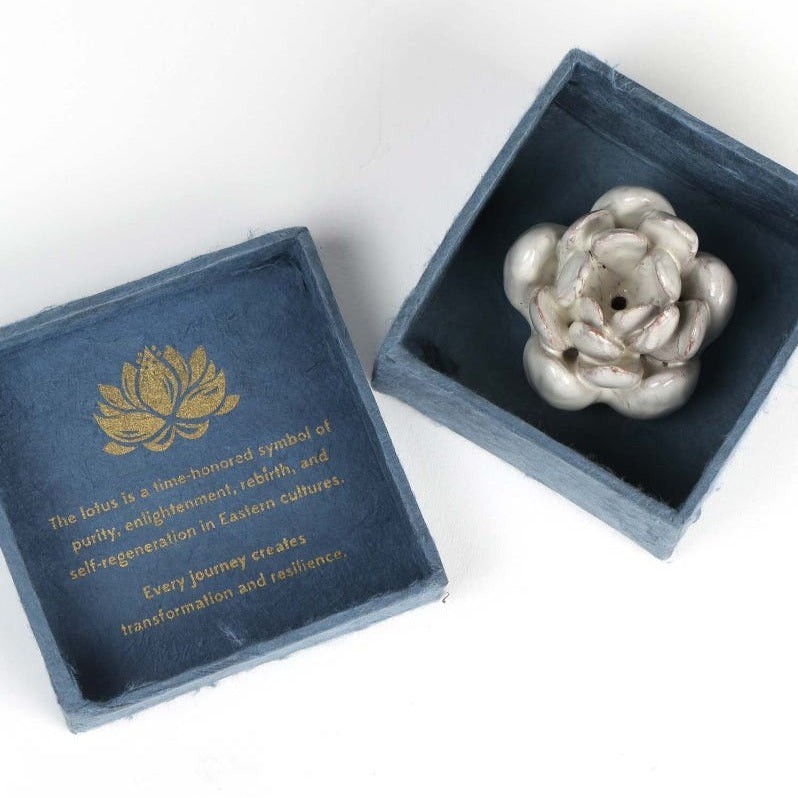 Incense holder lotus w/box cer 2.5D/4sq wht/blu