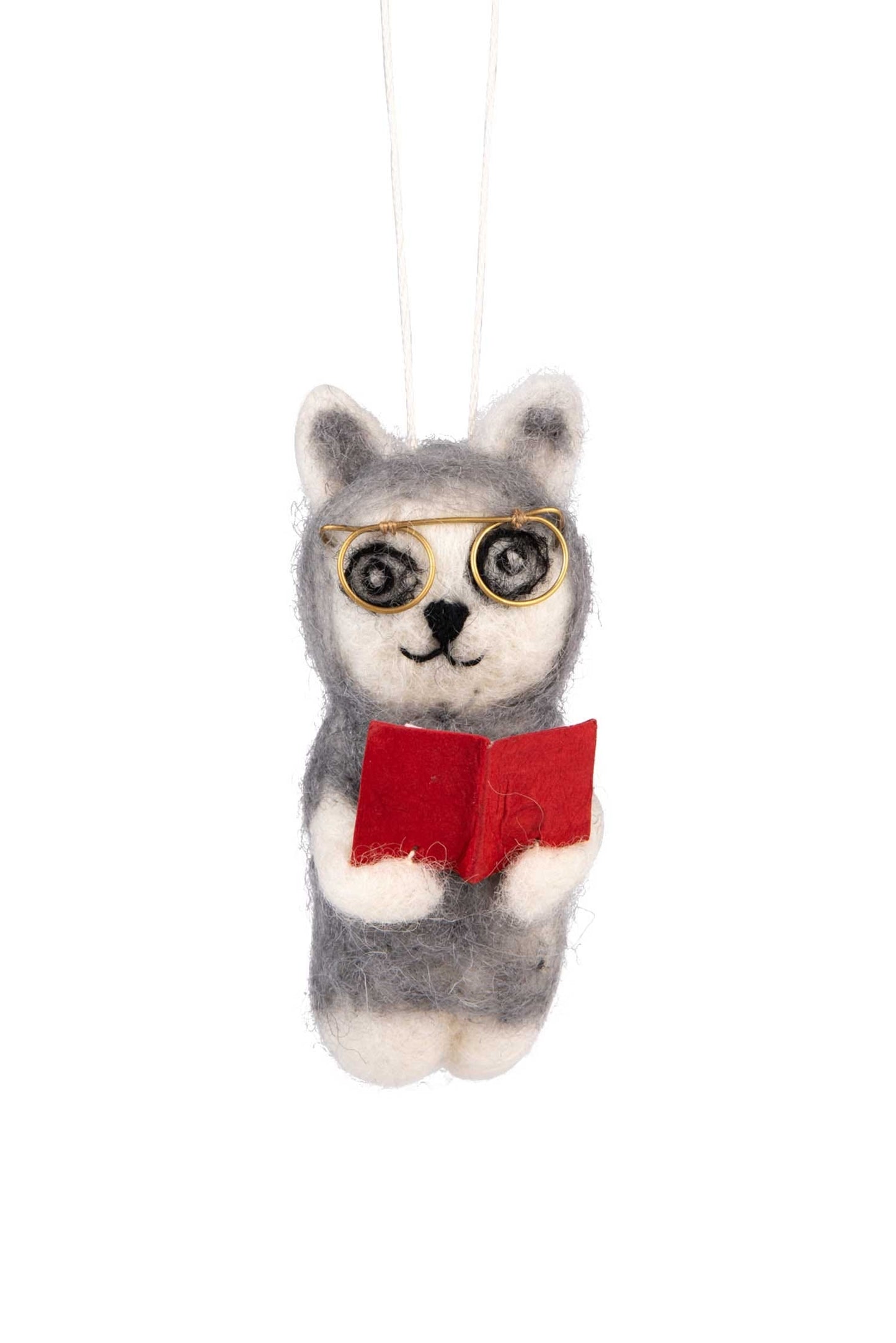Ornament cat w/book/glasses felt/ppr 3.5H gray/red