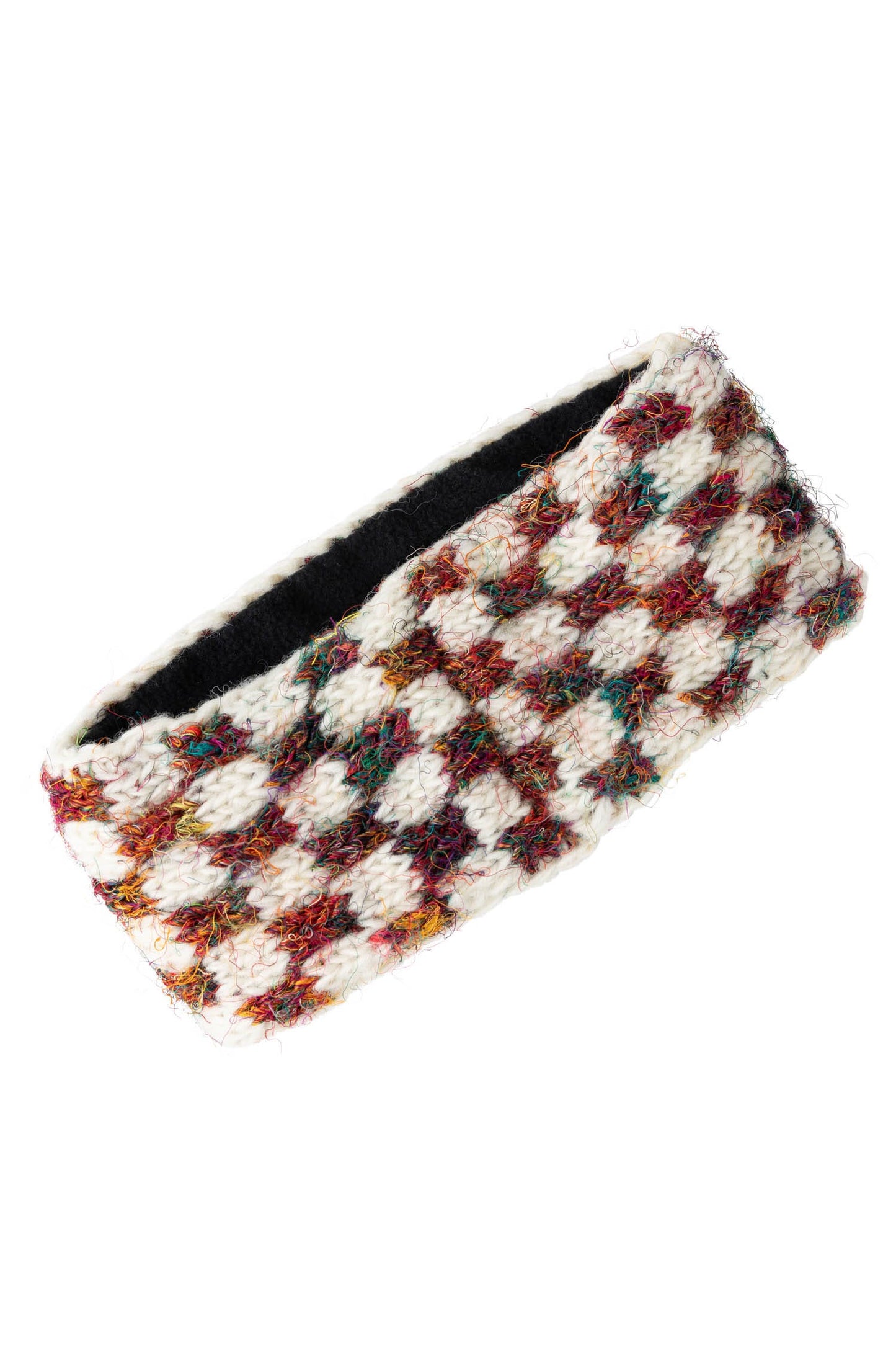 Headband checkerboard wool/silk 4W crm/red/blk/grn