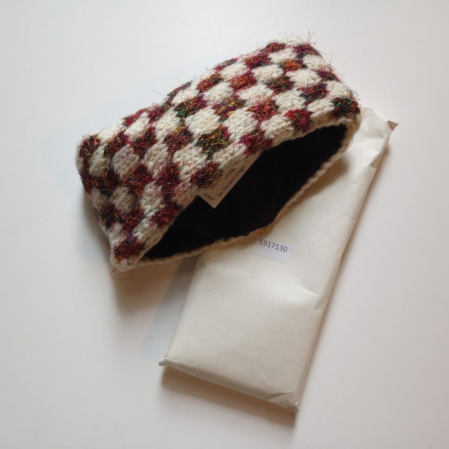 Headband checkerboard wool/silk 4W crm/red/blk/grn