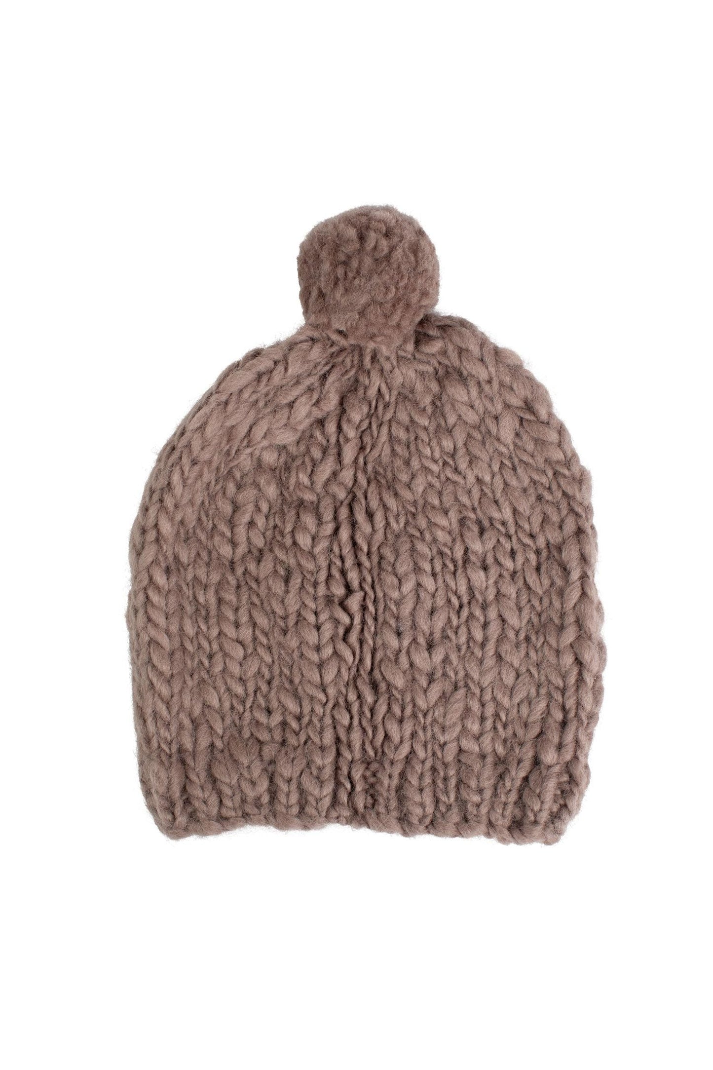 Hat w/pompom thick chunky knitted wool taupe