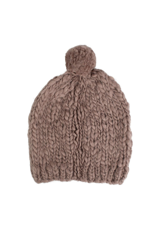 Hat w/pompom thick chunky knitted wool taupe