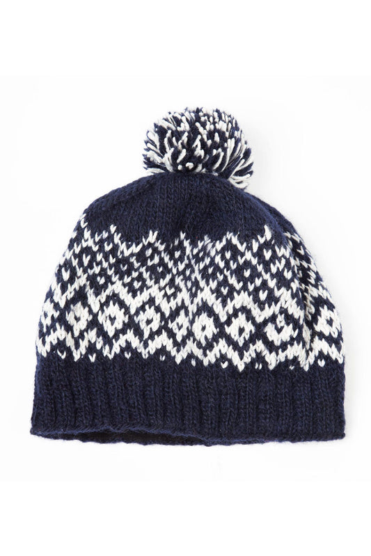 Hat w/pompom wool banana fiber navy/wht
