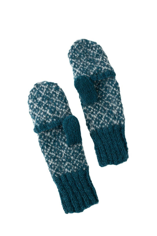 Mittens convertible diamond knit wl/nylon dk teal