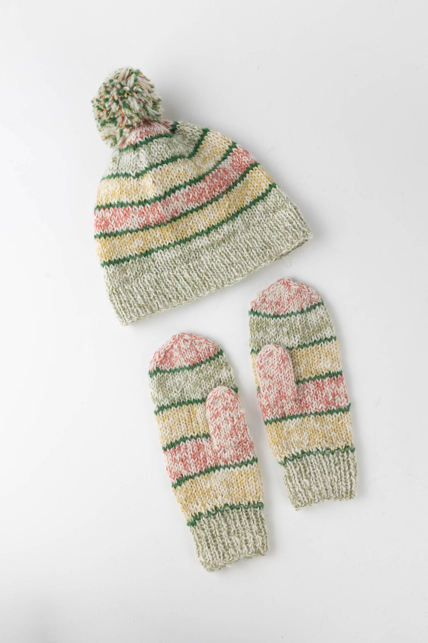 Mittens striped wool/cotton green/red/yellow/white