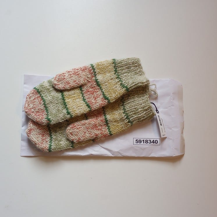 Mittens striped wool/cotton green/red/yellow/white