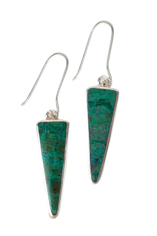 Earrings long triangle chrysocolla 1.75L grn/silv