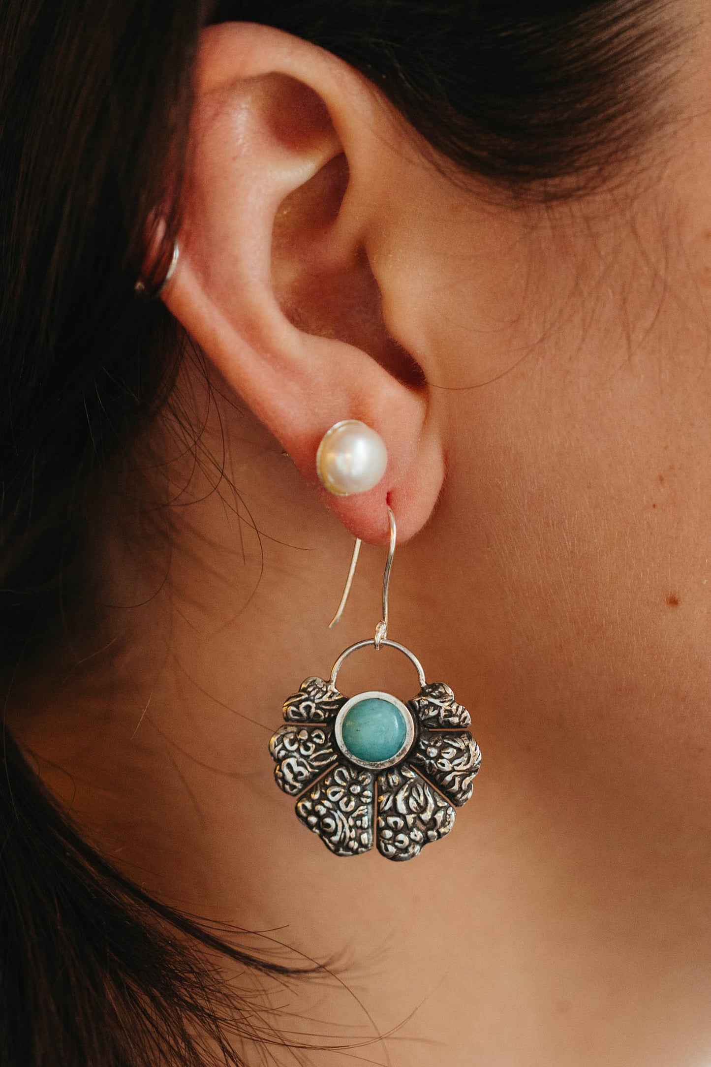 Earrings floral fan amazonite/strlg 1.5L silv/aqua