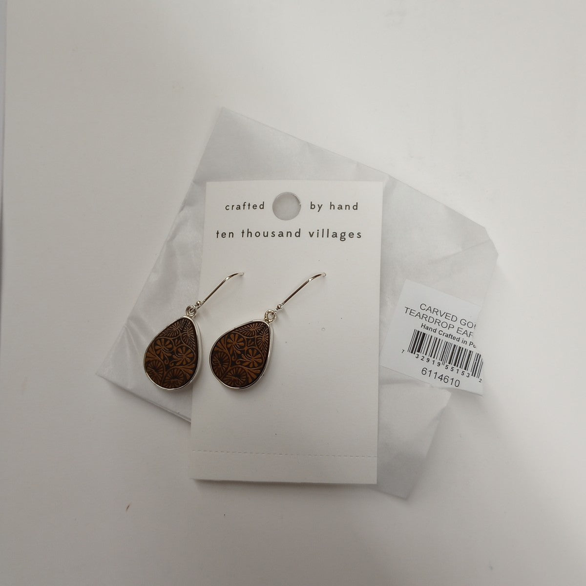 Earrings teardrop carved gourd/strlg 1.5L silv/brn