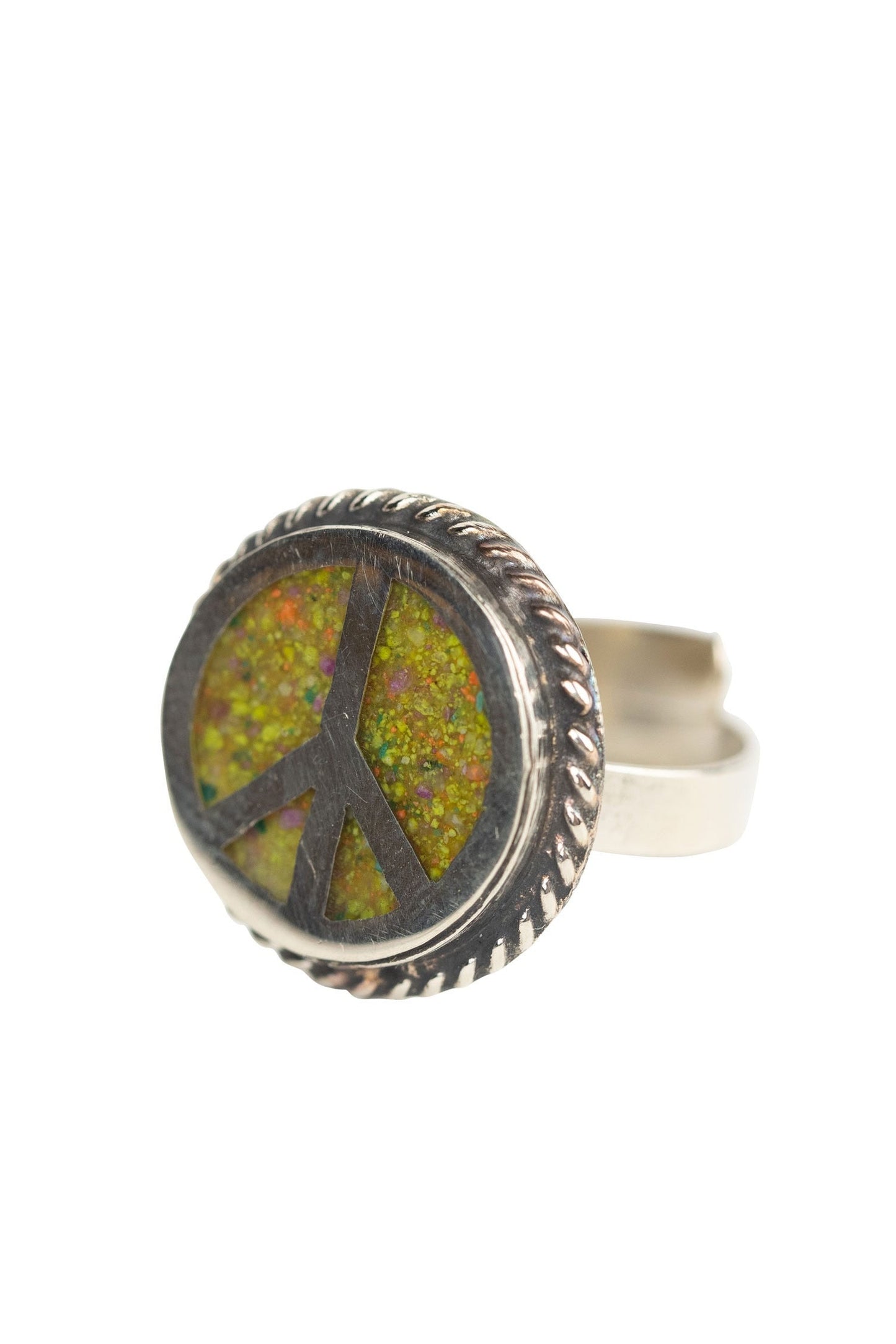 Ring peace sign acrylic stone/mtl .75D silv/multi