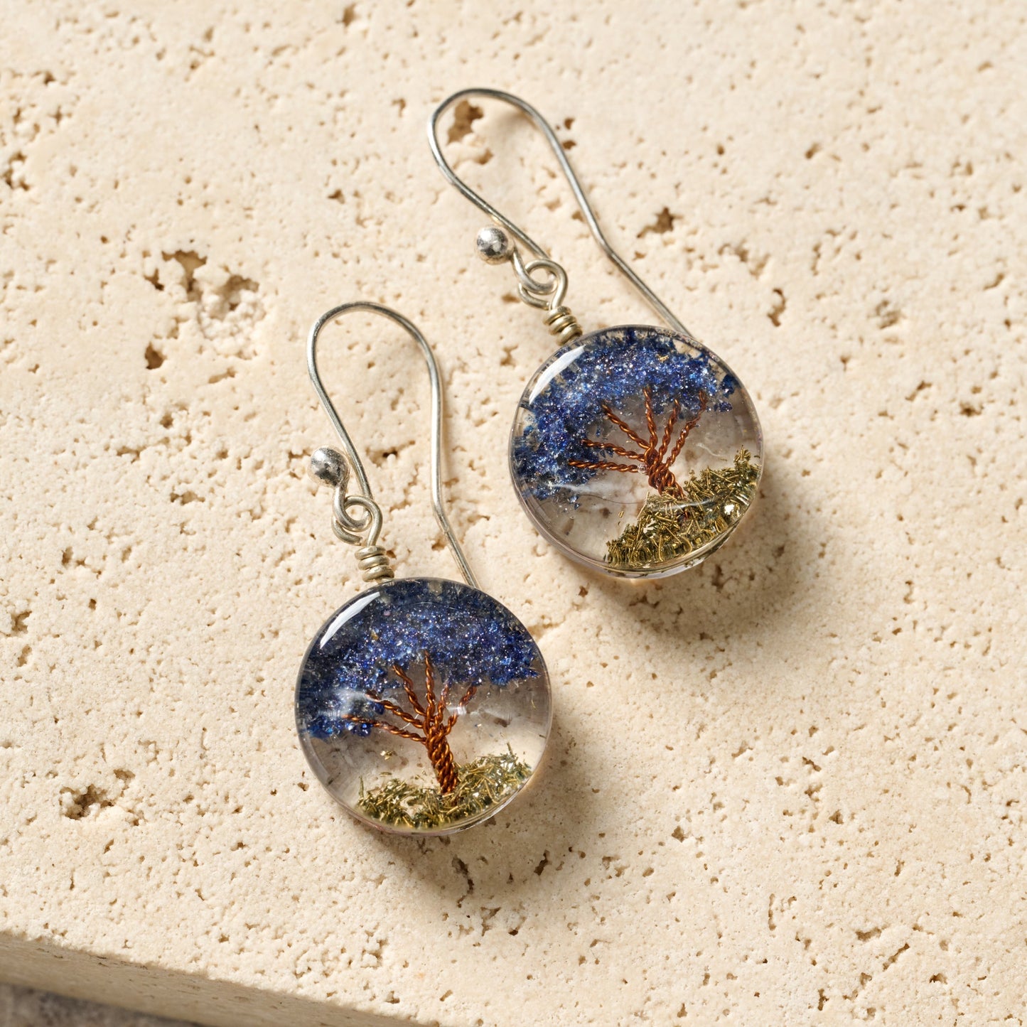 Earrings mini tree of life resin/stone .4Dx1L