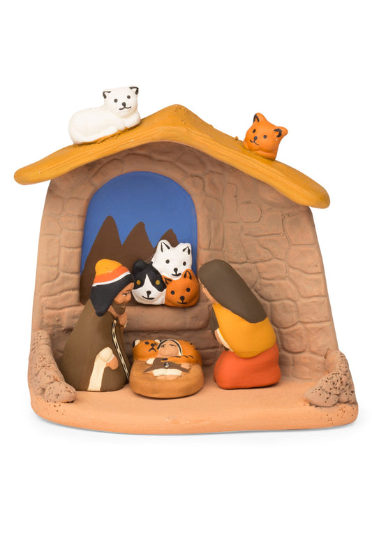 Nativity w/cats cer 3.5H brn/multi