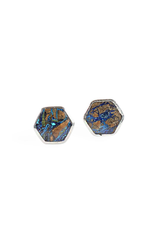 Earrings post hexagon azurite/strlg .5D dark green