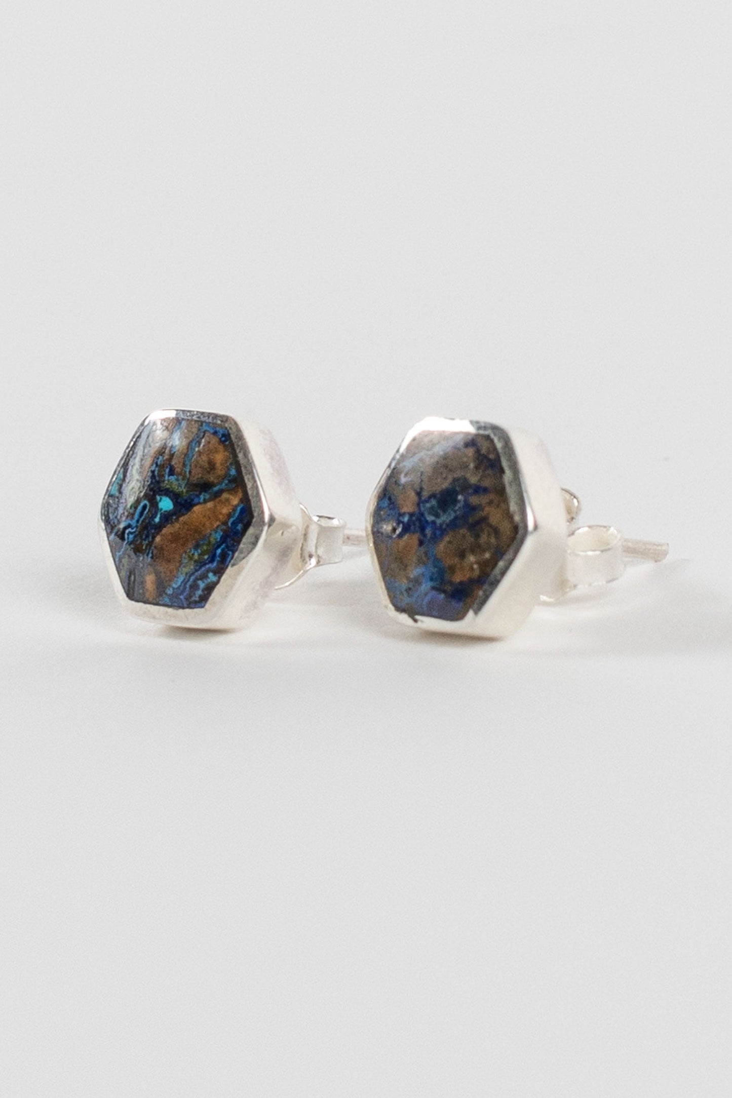 Earrings post hexagon azurite/strlg .5D dark green