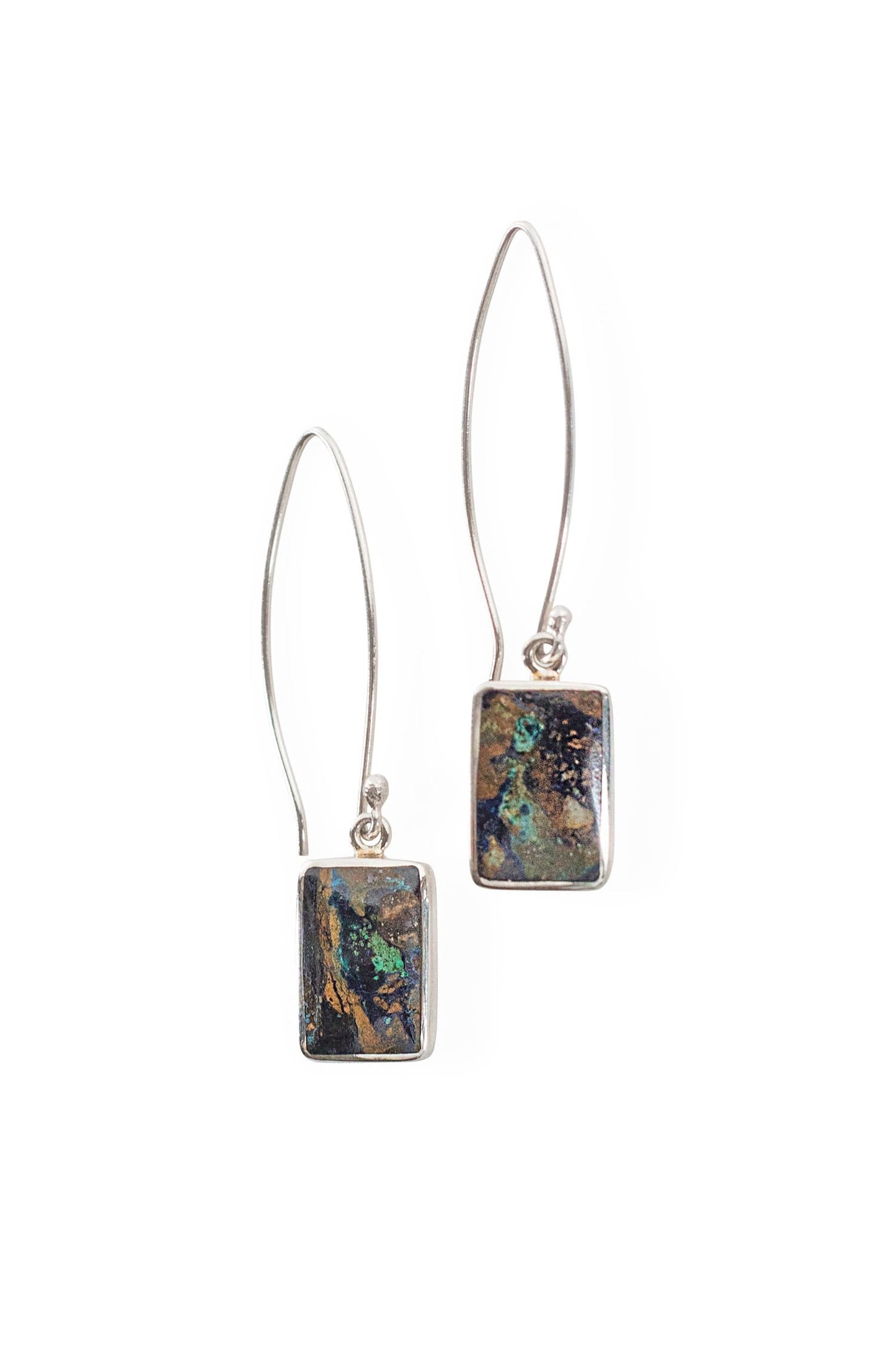 Earrings long hook/rect azurite/strlg 2L dark grn