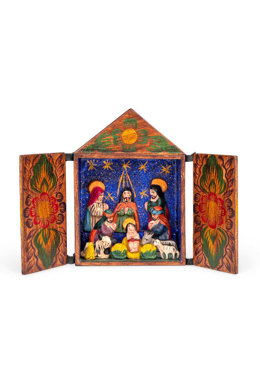 Nativity retablo flower/doors wood/plaster 6Hx4W