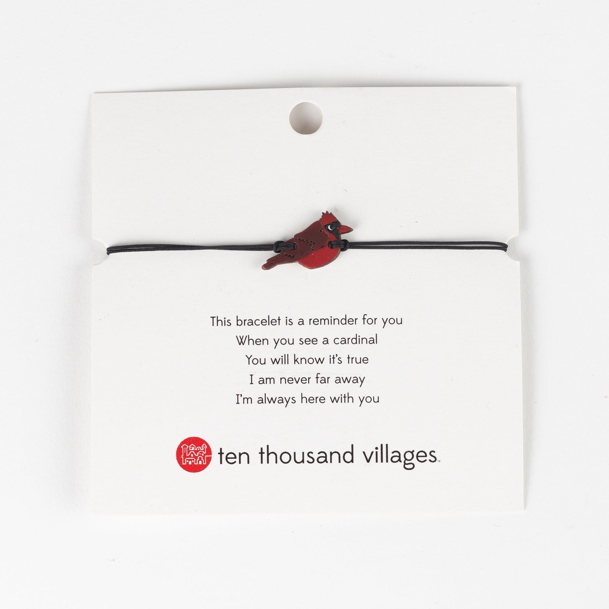 Card reads "This bracelet is a reminder for you. When you see a cardinal you will know it's true. I am never far away I'm always here with you."
