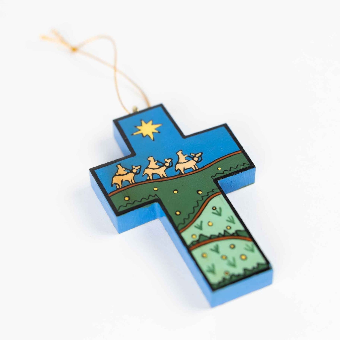 Ornament cross nativity M/3 wood 3.5H blu/grn/yel