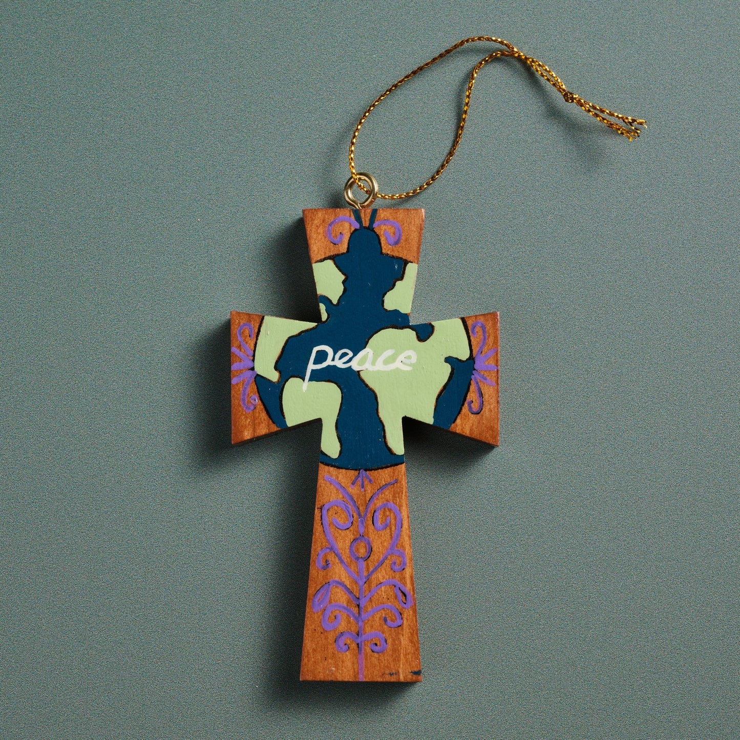 Ornament cross 2024/Peace M/3 wd 2x3.5 brn/blu/grn
