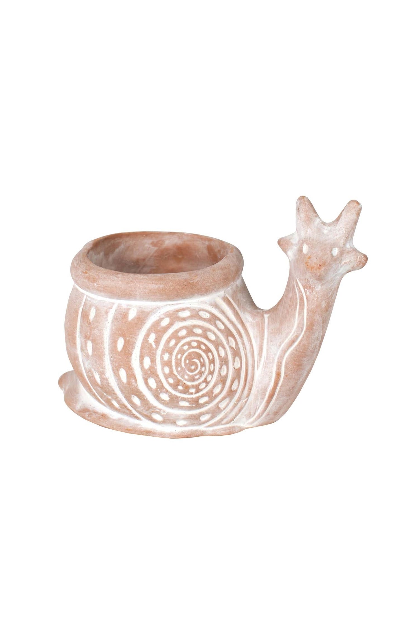 Planter snail terra cotta 8Lx5Wx6H white wash