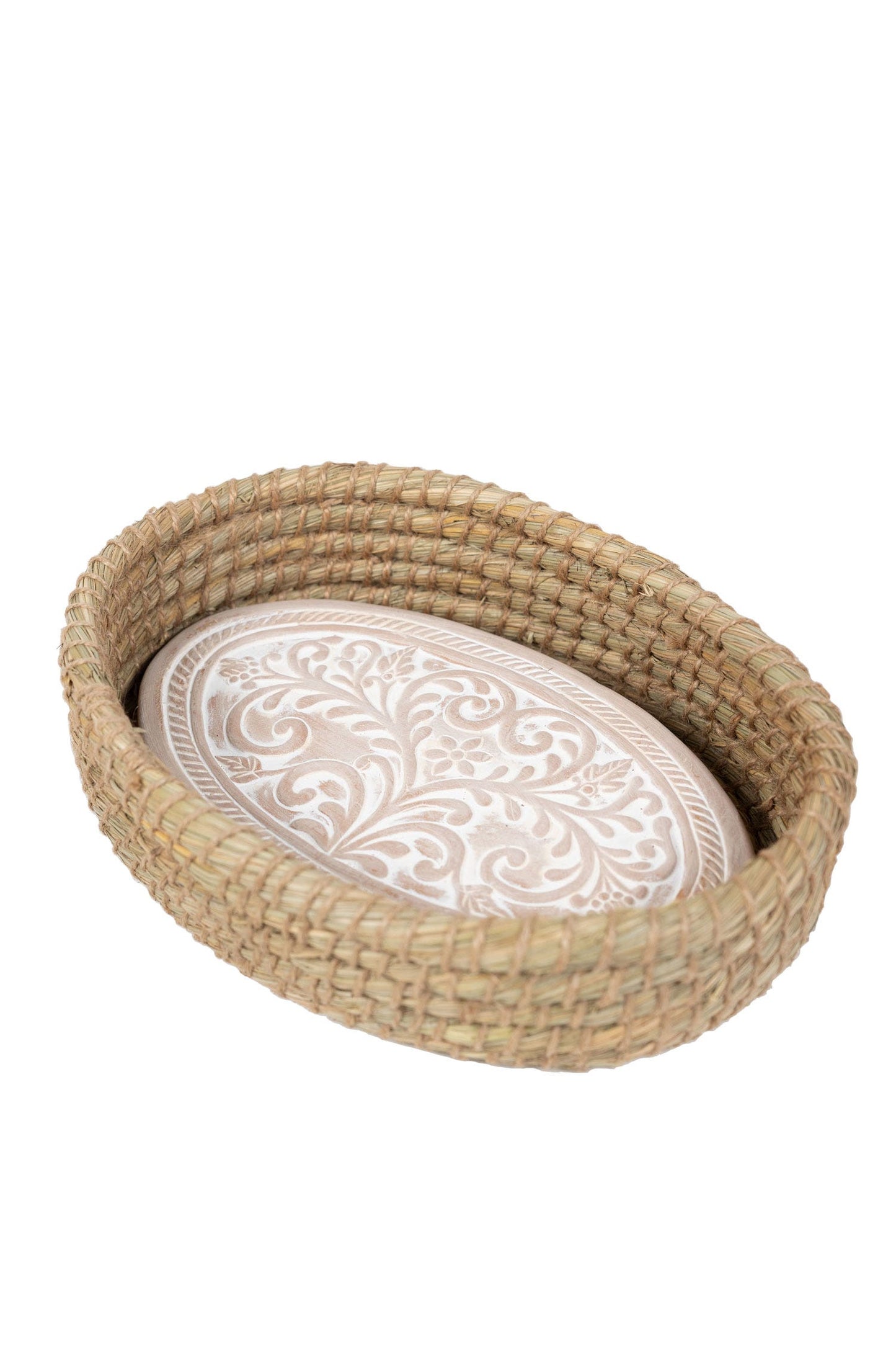 Basket w/warmer kaisa grass/t-cotta 12Lx8W wht-wsh