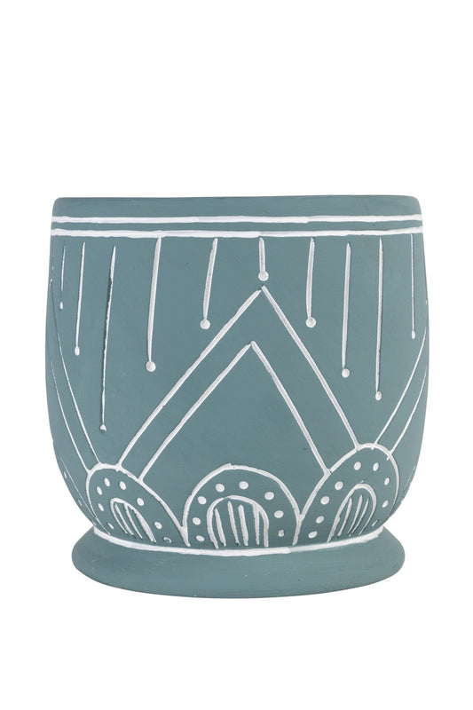Planter rounded geo etched t-cotta 8Dx7 teal/white