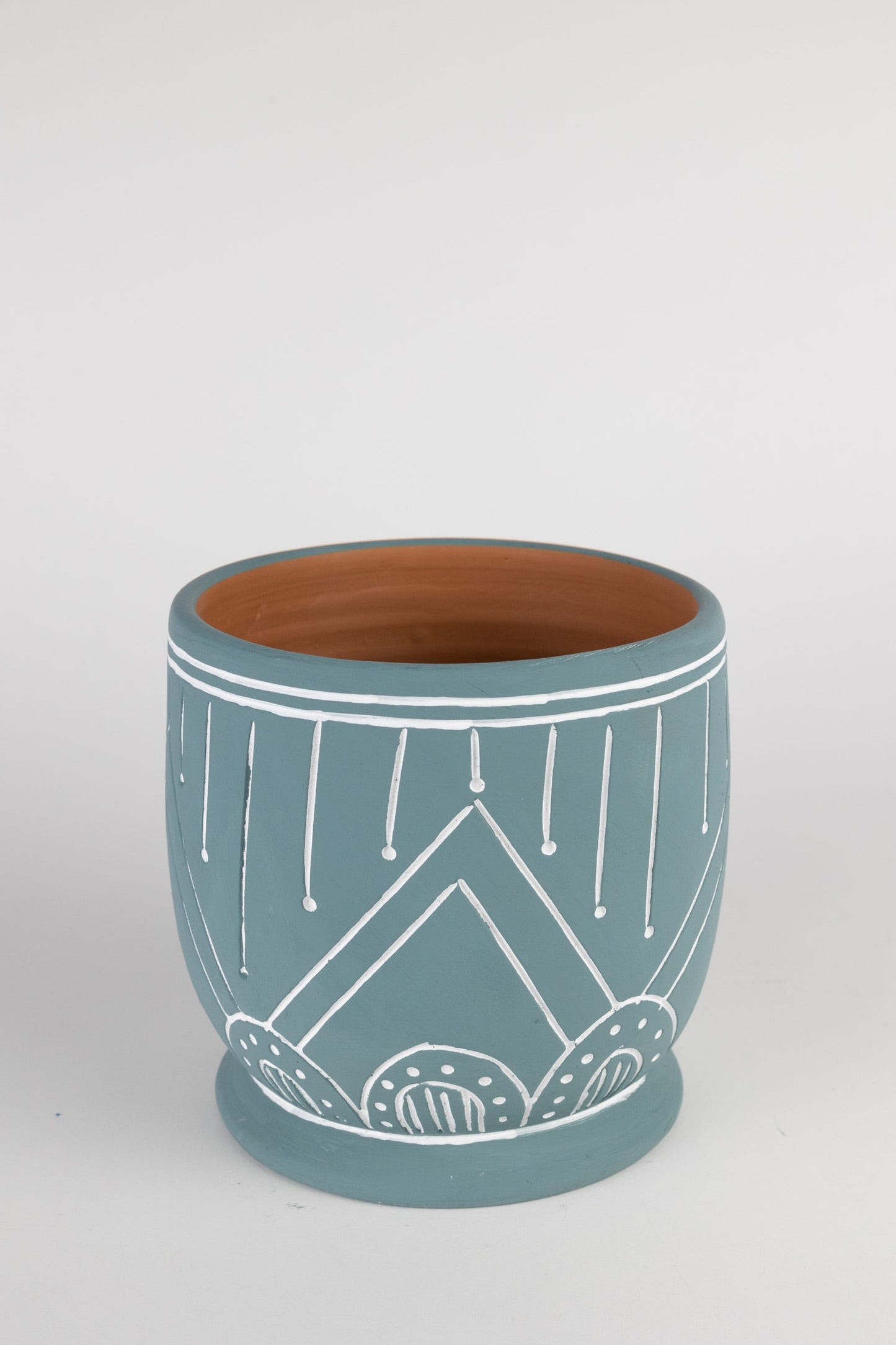 Planter rounded geo etched t-cotta 8Dx7 teal/white