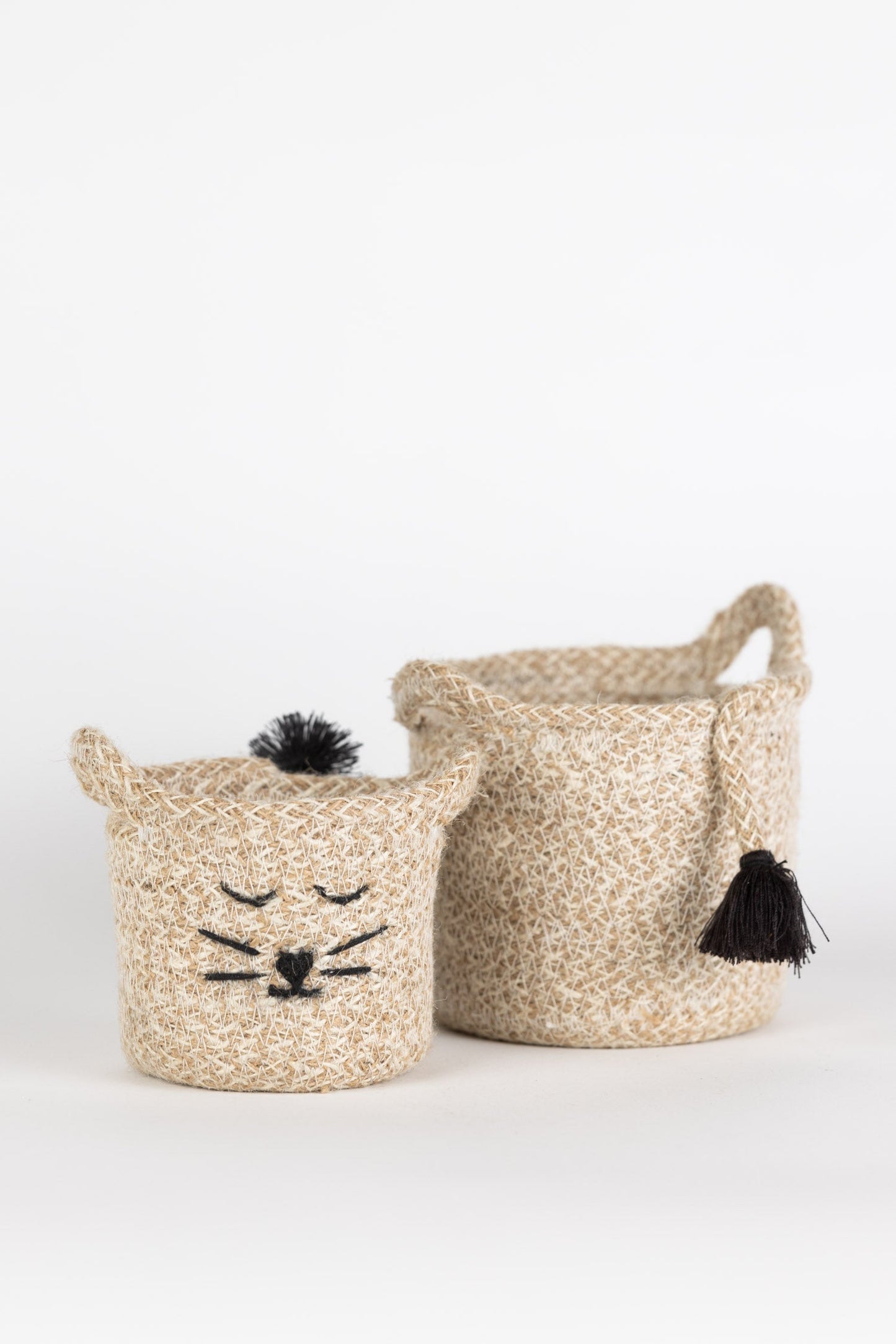 Basket mini cat face jute 3.75Dx4.5H tan/black