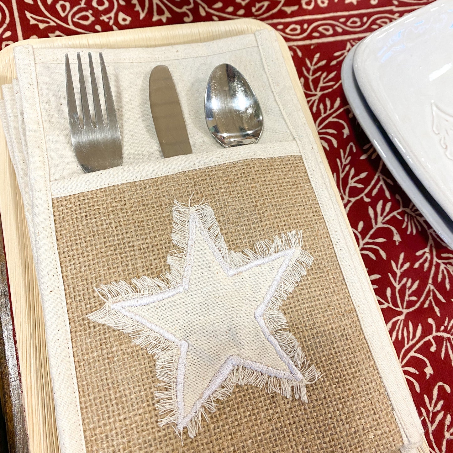 Utensil holder star M/4 jute/cttn 5.5Wx8.5H nat