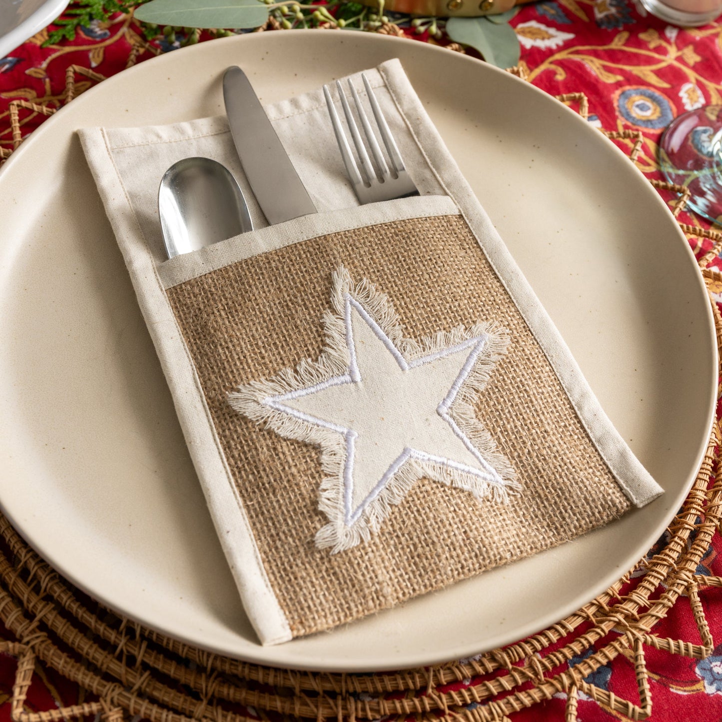 Utensil holder star M/4 jute/cttn 5.5Wx8.5H nat