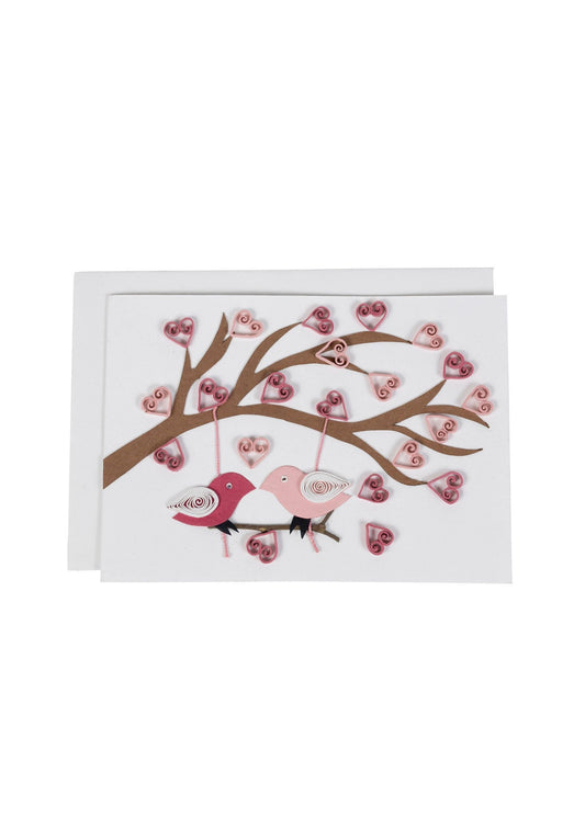 Card birds on branch/swing M/3 ppr 5x7 wht/pnk/red