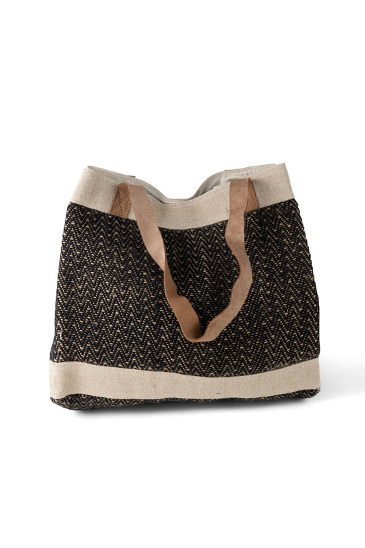 Bag tote sable jute/cotton/leather 15Wx13H blk/crm