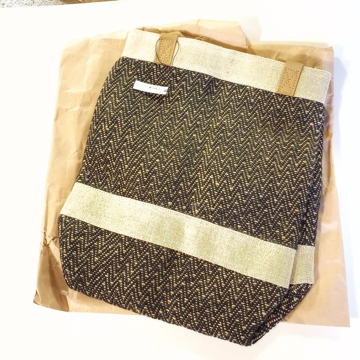 Bag tote sable jute/cotton/leather 15Wx13H blk/crm