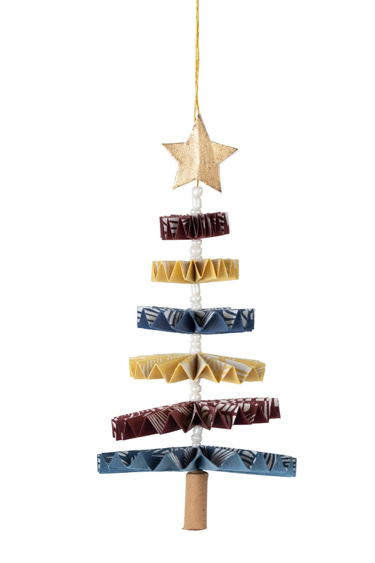 Ornament fan fold tree M/3 ppr 3Dx6H bur/blu/yel