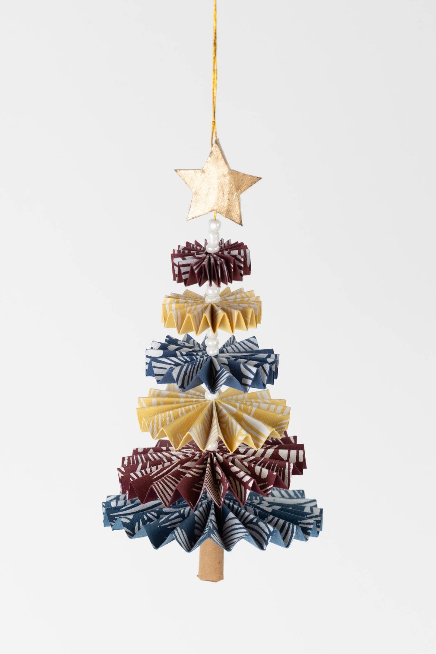Ornament fan fold tree M/3 ppr 3Dx6H bur/blu/yel