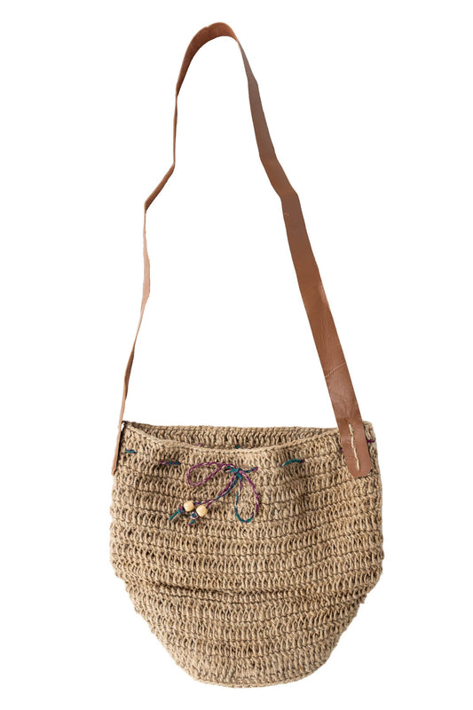 Bag bucket crochet jute/lthr 8Dx10.5H nat/brn/asst