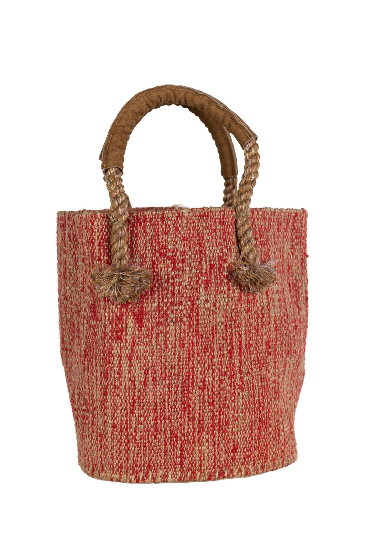 Bag tote w/fringe cttn/jute/lthr 8Dx8.5H tan/red
