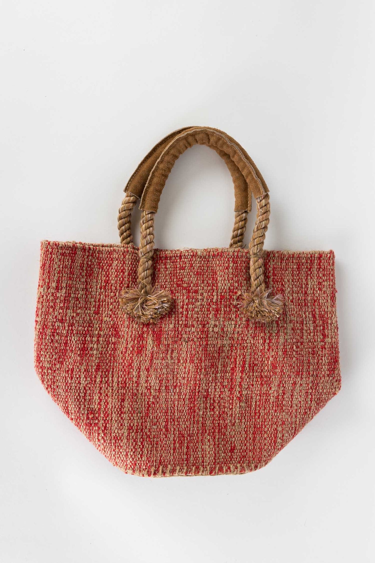 Bag tote w/fringe cttn/jute/lthr 8Dx8.5H tan/red