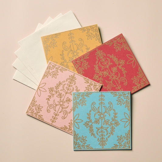 Cards s/4 vintage s-print 5sq pnk/red/yel/blue