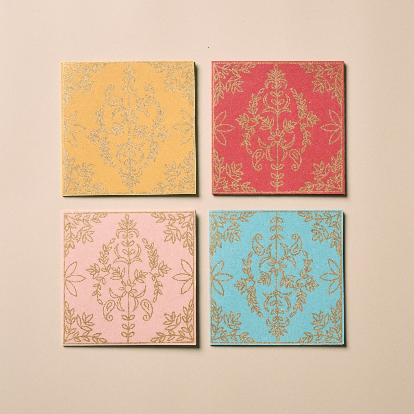 Cards s/4 vintage s-print 5sq pnk/red/yel/blue