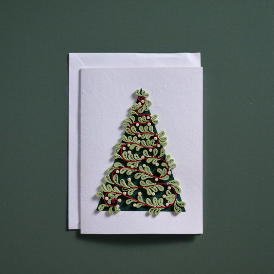 Card quilled tree M/3 paper 5x7 wht/grn/red