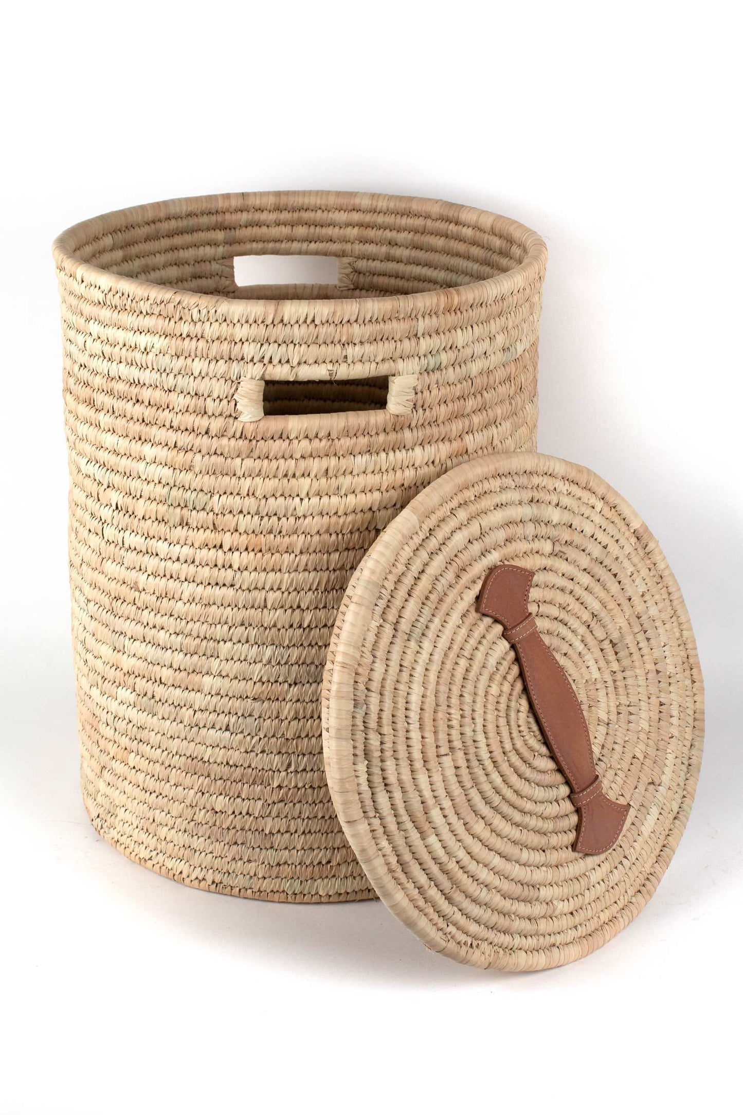 Basket hamper w/lid palm leaf/leather 15Dx20H nat